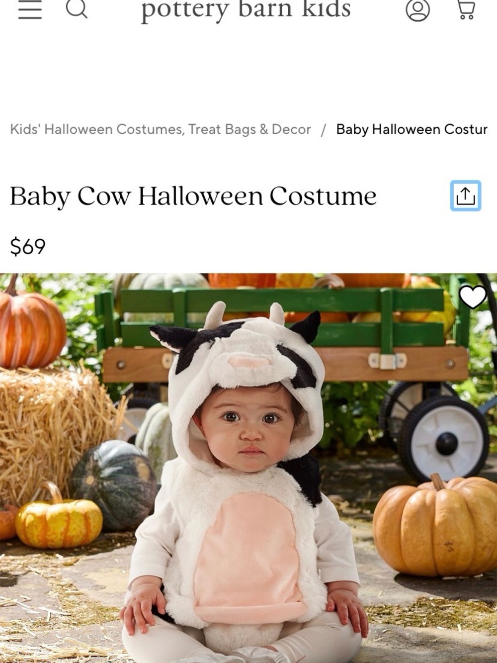 Pottery Barn Kids Cow Plush Halloween Costume - White, Black, Pink